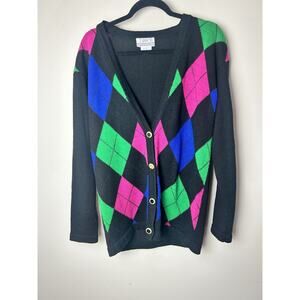 Tanner Collection Pink Purple Argyle Sweater Wool Blend Vintage Black Large